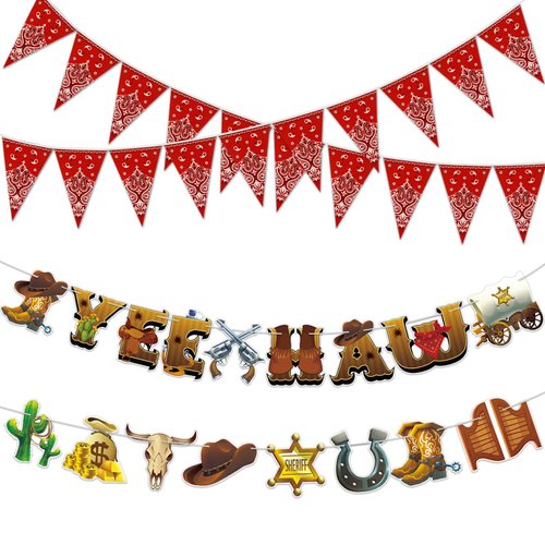 MARFOREVER Western Cowboy Party Decorations, 4 Pcs Western Cowboy Banners Rodeo Bandana Pennant Banner Wild West Party Hanging Decorations for Western Cowboy Theme Birthday Country Party Supplies