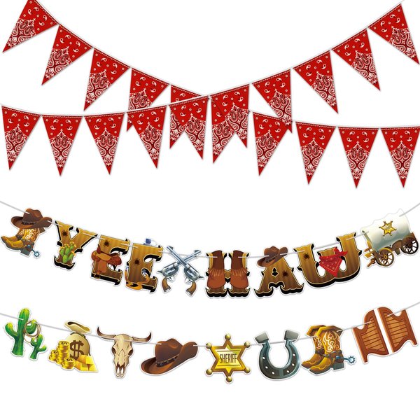 MARFOREVER Western Cowboy Party Decorations, 4 Pcs Western Cowboy Banners Rodeo Bandana Pennant Banner Wild West Party Hanging Decorations for Western Cowboy Theme Birthday Country Party Supplies