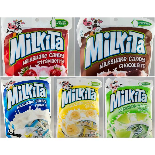Milkita 5 Flavor Pack - Vanilla Milk, Banana, Strawberry, Chocolate, Melon with FREE Candy Sample