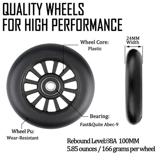Kutrick 100mm Scooter Wheels - 100mm Pro Kick Scooter Wheels Replacement Pair - Smooth Bearing Installed | Plastic Core 100mm Scooter Wheels for Razor Fuzion Scooters with 100mm Wheels
