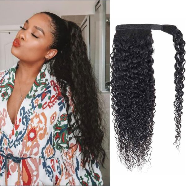 seelaak Kinky Curly Human Hair Ponytail Extension with Wrap Around True Length 10A Brazilian Ponytail Human Hair 3C Afro Curly Ponytail Clip in Human Hair Extensions Long Curly Wavy Ponytail 24 Inch