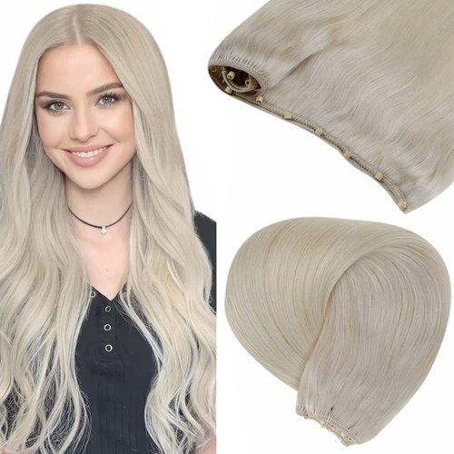 LAAVOO Microbead Weft Remy Extensions Human Hair Blonde Beaded in Human Hair Extensions Thick End Micro Beads Hair Weft Extensions Ice Blonde Micro Weft Human Hair Long for Women 50g 22"