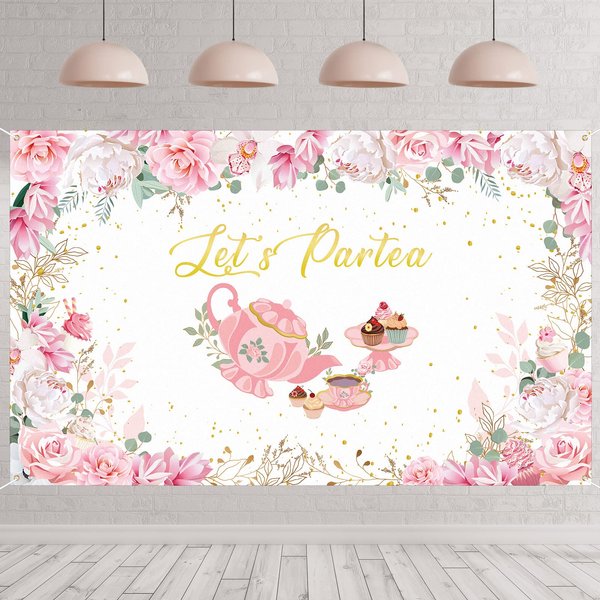Tegeme Let's Partea Party Backdrop Tea Party Banner Decorations Background for Shower Birthday Party Photo Prop(6 x 3.6 ft,White)