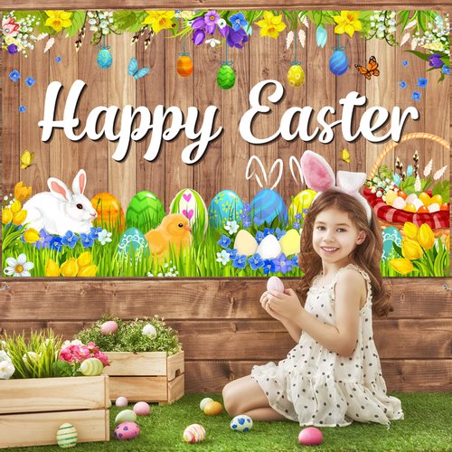 Happy Easter Decorations Easter Backdrops Photography Banner Bunny Grassland Rustic Wood Background Eggs Banner for Jesus Easter Spring Party Decorations, 70.8 x 43.3 Inch
