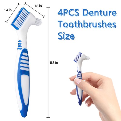 Denture Brush, 4 Pieces Small Toothbrush for Dentures, Multi-Layered Bristles Ergonomic Rubber Handle for False Teeth Cleaning