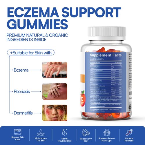 Power Grain Sugar Free Eczema Treatment Gummies - USA Made - 50+ Vitamins & Probiotics for Clear, Hydrated Skin - Soothes Itching, Calms Redness & Boosts Skin Health (60 Gummies)