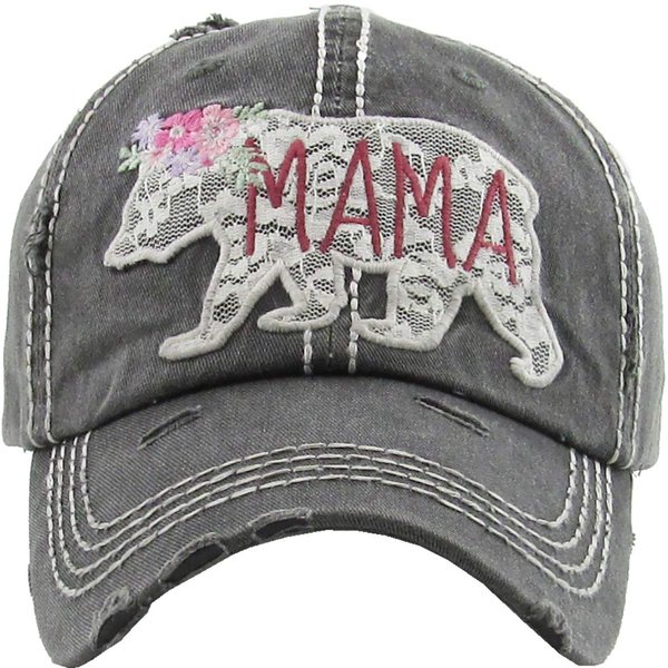 Funky Junque Distressed Baseball Cap Vintage Dad Hat - Mama Bear Lace (Black)