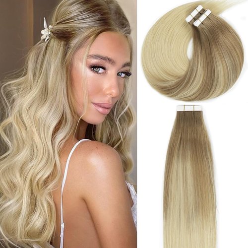 Lacer Hair Remy Tape in Human Hair Extensions Balayage #8/60 Light Brown to Platinum blonde Seamless PU Skin Weft Tape in Real Hair Extensions Double Side 50g 20pcs/set 14 inch