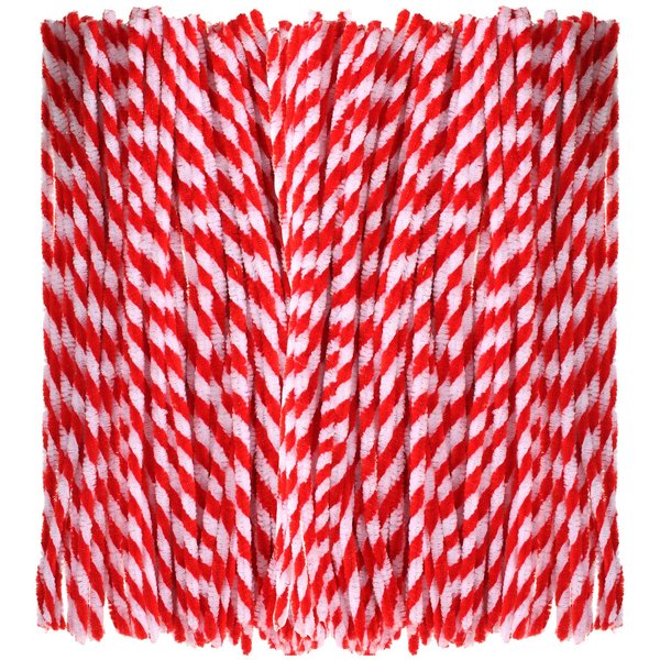 Bememo 200 Pieces Christmas Striped Chenille Stem Art Craft Pipe Cleaners, Red with White, 6 mm by 300 mm