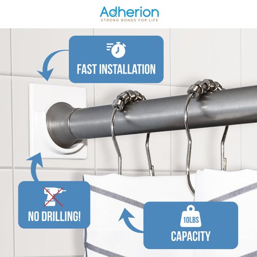 ADHERION Adhesive Shower Rod Holders | No Drilling Shower Curtain Rod Holders For Wall | Shower Curtain Wall Mount | Stick On Shower Bar Holder | White 2 Pk | No Drilling | Shower Rod Not Incl |