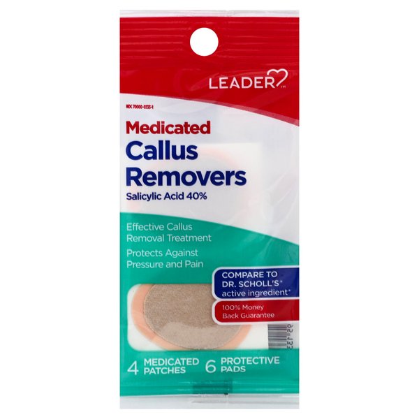 Leader Medicated Callus Remover with Salicylic Acid, Calluses & Toe Corn Treatment Pads/Patches, All-Day Pain Relief & Cushioning Protection Against Shoe Pressure and Friction, 6 Pads