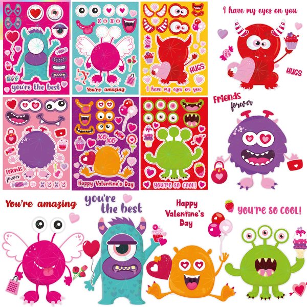 Monster Valentines Day Crafts for Kids,36 pcs Valentine Stickers Sheets DIY Art Cards Gift for School Activities or Valentine's Party Supplies Goodies Favor,Games for Girls, Boys, Toddlers Class Decor
