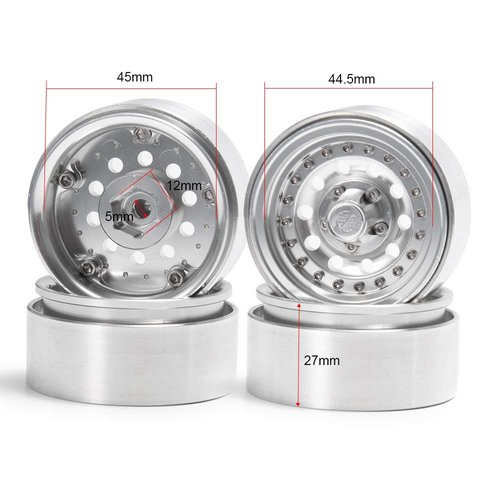 QUE-T 1.9" Pack of 4 Alloy Metal Beadlock Wheel Rims for 1/10 RC Crawler SCX10 90046 D90 Trx4 (Bright Silver)