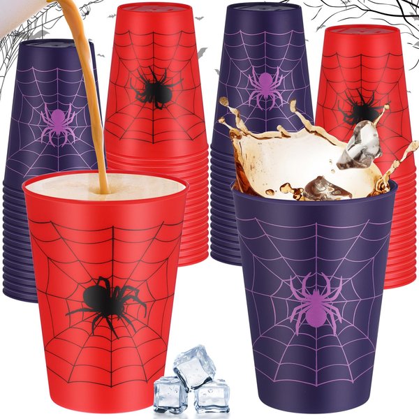 Irenare 48 Pcs Spider Plastic Cups Spider Party Supplies Tumblers Spider Cups Bulk Spider Web Reusable Black Red and Purple Spider Themed Birthday Drinkware for Holiday Party Supplies