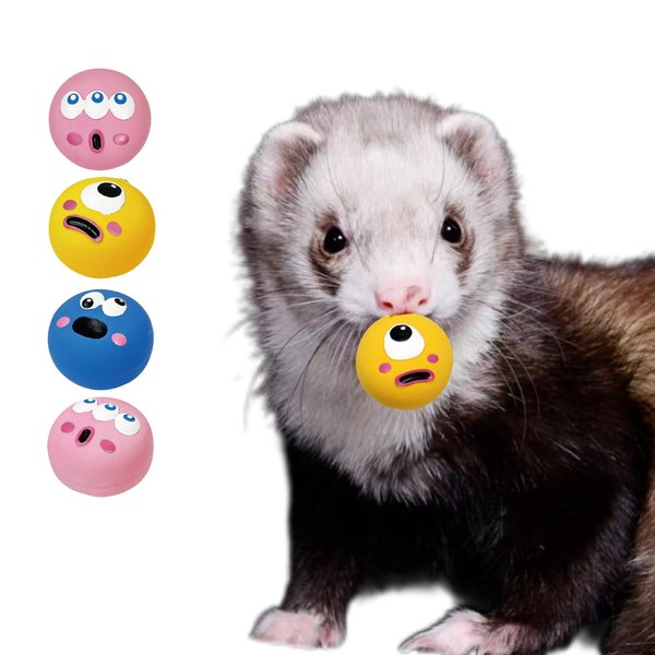 TTMIMIK Ferret Rubber Squeaker Toy Balls Latex Puppy Cat Toy Lovely Interactive Play Tough Teething Toys Big Eyes Printed Ball Washable 4 Pack (4 Pcs)