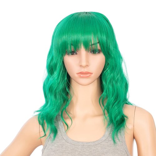 SWACC Short Curly Wavy Bob Wig with Bangs Synthetic Medium Shoulder Length Hair Wig for Women with Wig Cap (Green)