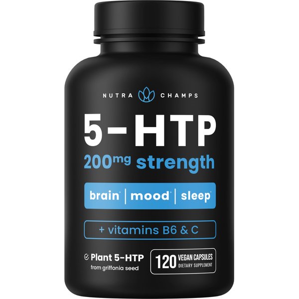 NutraChamps 5-HTP 200mg | 120 Vegan Capsules | 5 HTP Supplement to Support Stress Relief, Brain Health, Enhanced Mood & Sleep | Pure 5HTP 100mg Pills Plus Co-Factors Vitamin B6 & Vitamin C