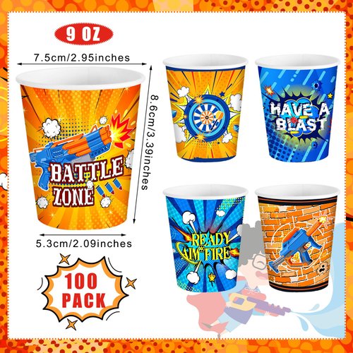 Maxcheck 100 Pcs 9 oz Battle Style Cups Disposable Party Supplies Paper Cups Colorful Fun Drinking Cups Birthday Party Favor Decorations