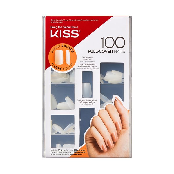 KISS 100 Full Cover Fake Nails Manicure Kit, Kit Includes 10 Different Sizes, 5 Manicures, Short Length, Square Shape, Maximum Speed Nail Glue & 100 Glue-On Nails