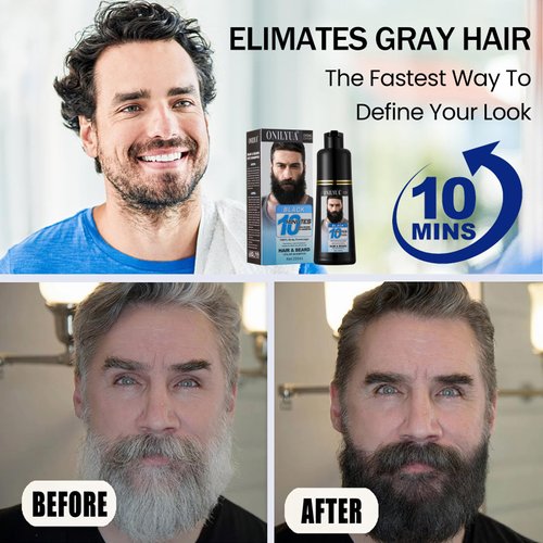 Black Mens Beard Dye For Men 3 in 1, 10 Minutes Gray Hair Coverage Black Beard Color Shampoo, Simple Up To 6 Weeks, Hair Dye Shampoo For Men Grooming, Black Hair Color For Men Beards Mustaches, 200ml
