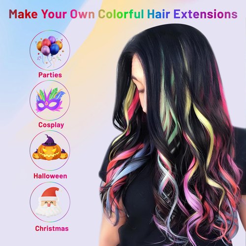 TOFAFA Colored Hair Extensions Curly Wavy Accessories for Girls Women, Multi-colors Party Highlights Clip in Synthetic Rainbow Hairpiece for Kids Favors Gift (22 PCS-Colorful)