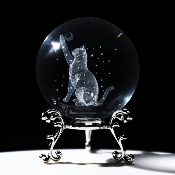 ZEERSHEE 3D Glass Laser Etched Cat Crystal Ball with Stand Crystal Cat Figurine with Moon Star 60mm Cat Crystal Ball Paperweights Cat Gifts for Cat Lovers Women