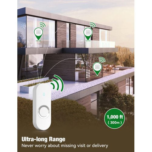 AIDA Lighted Wireless Doorbell, Home Waterproof Doorbell 1,000ft Range, 5 Volume Levels with 58 Doorbell Chimes & LED Flash (White, Doorbell with 2 Buttons & 1 Receiver)