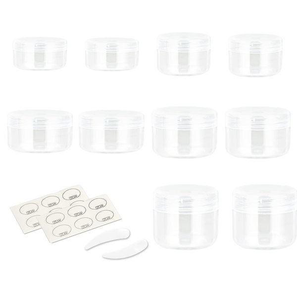 ZEJIA 10pcs Small Travel Containers, Clear Sample Containers with Screw Lids, 5 Size 3/5/10/15/20 Gram Sample Jars with 12pcs Labels and 2pcs Mini Disposable Spatula, Makeup Sample Containers BPA Free