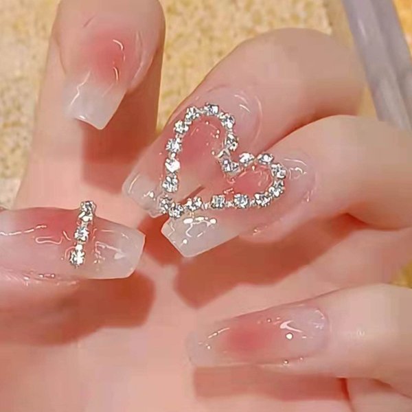 Hkanlre Medium French Press on Nails Coffin Pink Ballerina Gradient Fake Nails Heart Full Cover Rhinestones False Nails for Women and Girls 24PCS