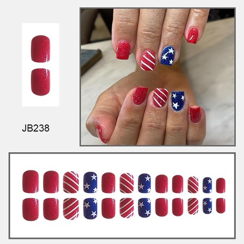 24Pcs Independence Day Press on Nails Short Square Fake Nails American Stripe Star Designs Glitter Full Cover Red Nails Glue on Nails Artificial Acrylic False Nails for Women DIY 4th of July Nail