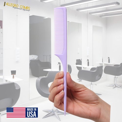 Allegro Combs 61 XL Rat Tail Combs Wide Tooth Comb Detangling Hair Styling Coarse Hair Foiling Thick Back Parting Combs Hairstylist Combs For Women Made In USA 3 Pc. (Lavender)