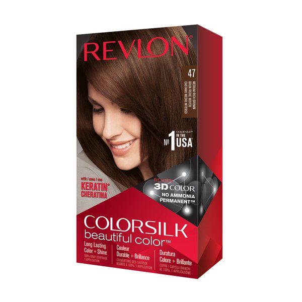 Revlon Permanent Hair Color, Permanent Hair Dye, Colorsilk with 100% Gray Coverage, Ammonia-Free, Keratin and Amino Acids, 47 Medium Rich Brown, 4.4 Oz (Pack of 1)