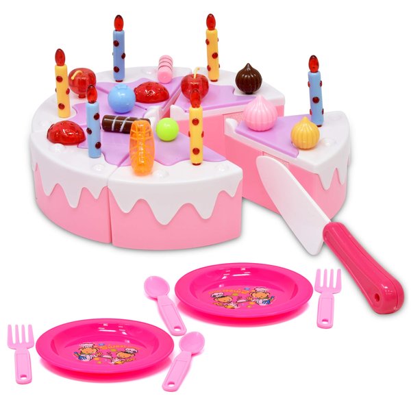 Number 1 in Gadgets Birthday Cake Toy for Kids, Pretend Play Party Food Set Cutting Dessert with Candles, Plates Forks, Princess Party Playset