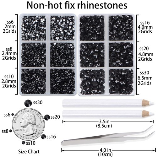 LPBeads 6000 Pieces Black Non Hotfix Rhinestones 6 Sizes Round Crystal Glass Flat Back Rhinestones with Tweezers and Picking Pen for Nail Art Crafts Clothes Bags DIY