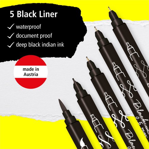 Online Black Lettering Set | 5 black fineliner pens | made in Austria | assorted point sizes includes brush pen, fine liner tips, and calligraphy tip | ink pens for bullet journal, writing, drawing
