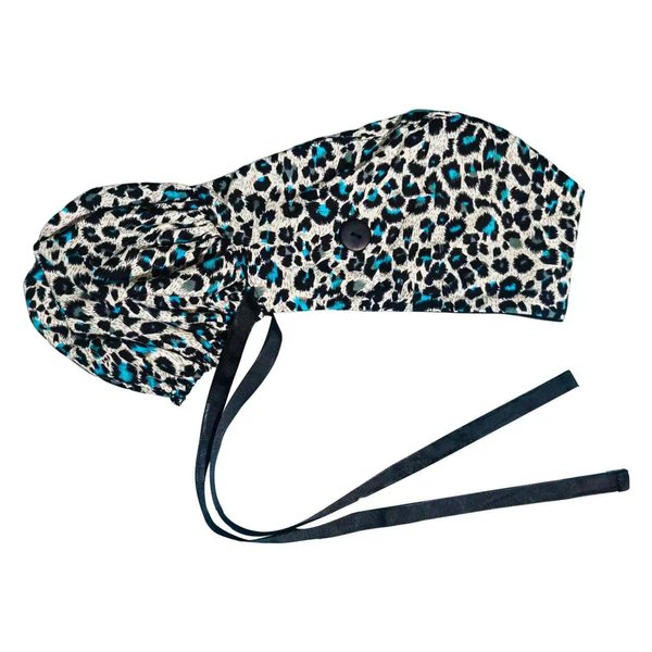 Scrub Cap with Silky Inner - Cotton Hat with Sweatband and Buttons, Adjustable Tie Back Ponytail(Randomly Provide Hair Ring) (Blue Leopard)
