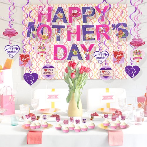 37 Pieces Floral Mother’s Day Party Decoration Supplies Set, 1 HAPPY Mother’s Day Banner, 12 Hanging Swirls, 24 Cupcake Toppers for Mother’s Birthday Party Decorations Favors