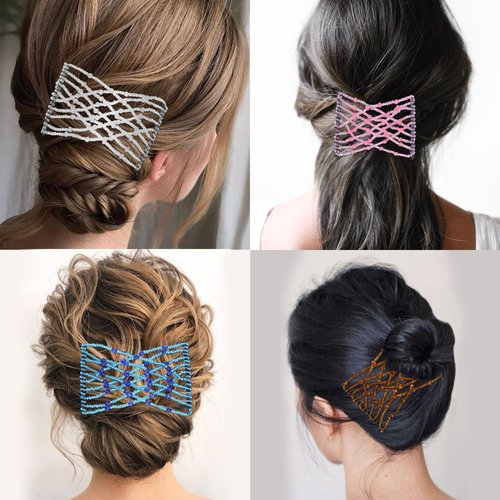 Aethland 6 Pieces Magic Hair Comb Elastic Beaded Hair Clips Women Stretchy Bride Double Slides Hairpins Combs for Women Ladies Girls DIY Hair Styling Accessories
