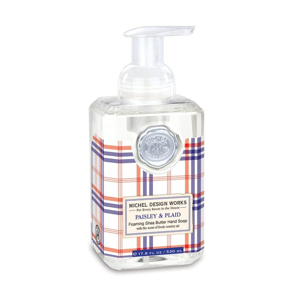 Michel Design Works Foaming Hand Soap 17.8oz, Paisley & Plaid (Red, White, and Blue Plaid Design) Scent and Design, Shea Butter and Aloe Vera Blend, Beautiful Square Container with Pump