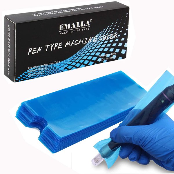 Gakonp 200pcs Clear Tattoo Machine Pen Covers Tattoo Pen Sleeves Plastic Dustproof Protection Blue Bags for Tattoo Professionals