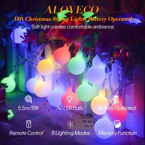 ALOVECO LED String Lights 18ft 50 LEDs Halloween Battery Operated String Lights with Remote 8 Modes Waterproof Globe Starry Fairy Lights for Outdoor Indoor Bedroom Garden Christmas Tree(Multicolor)