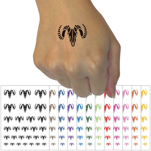 Ram Skull with Curved Horns Temporary Tattoo Water Resistant Fake Body Art Set Collection - Light Blue (One Sheet)