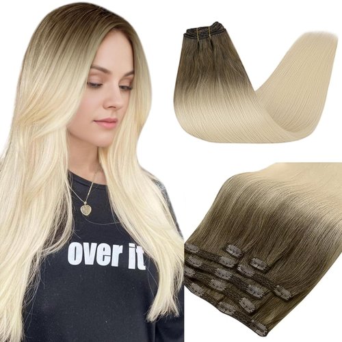 Slinsmei Remy Balayage Clip in Hair Extensions Dark Brown Color #8 Fading to Color #60 Platinum Blonde Balayage Human Hair Extensions Clip in Real Hair 7pcs 120g 18 Inch