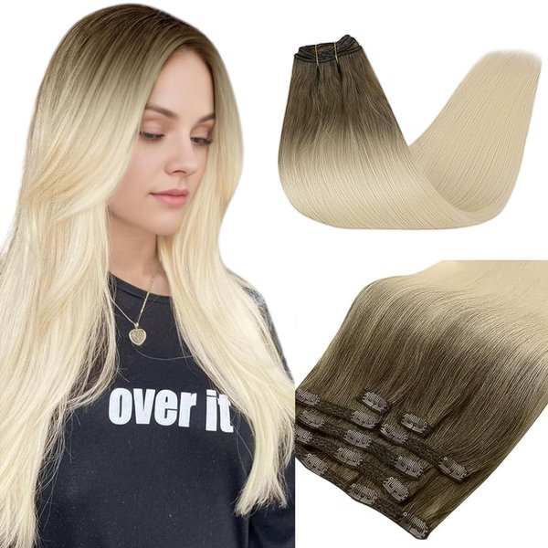 Slinsmei Remy Balayage Clip in Hair Extensions Dark Brown Color #8 Fading to Color #60 Platinum Blonde Balayage Human Hair Extensions Clip in Real Hair 7pcs 120g 18 Inch