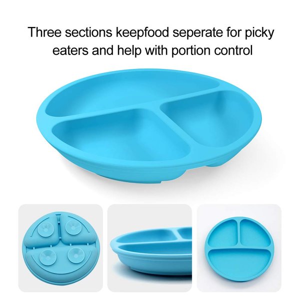 3 Pack Safe Silicone Baby Suction Plates - Toddler Divided Plate Set with Spoon Fork, Dishwasher and Microwave Safe (Blue, Green & Gray)