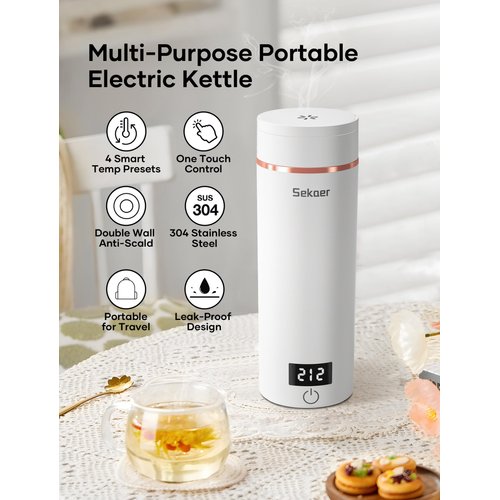 Sekaer Travel Portable Electric Kettle, Small Tea Kettle Coffee Mini Hot Water Boiler, 400mL & 304 Stainless Steel, with 4 Variable Presets and Auto Shut-Off SKE-840W