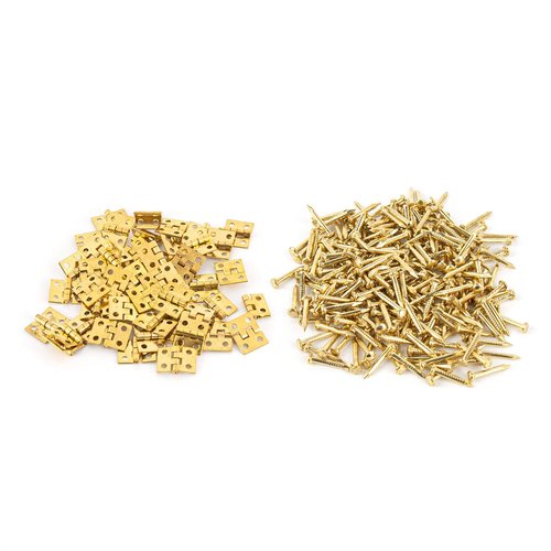 AUEAR, 50 Pack Miniature Hinges Hardware Jewelry Box Tiny Hardware with 200 Pieces Screws 180 Degree Rotation for Miniature Furniture Craft Closet Cabinet (Gold)