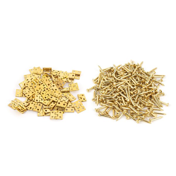 AUEAR, 50 Pack Miniature Hinges Hardware Jewelry Box Tiny Hardware with 200 Pieces Screws 180 Degree Rotation for Miniature Furniture Craft Closet Cabinet (Gold)