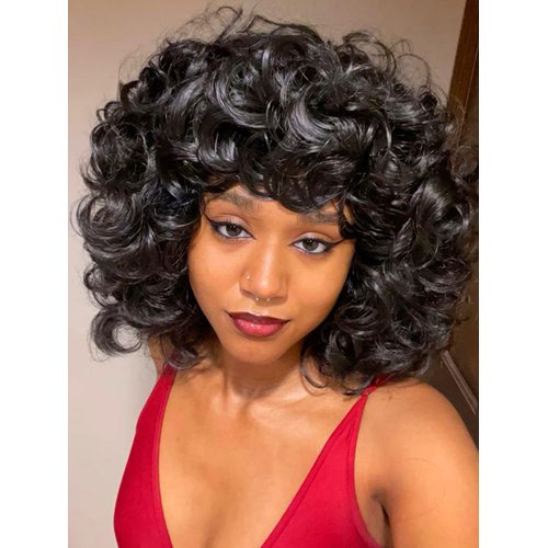 RED PIXIE Curly Wigs For Black Women Natural Black Soft Short Kinky Curly Wig With Bangs Kinky Curls Curly Hair Afro Loose Curls Heat Resistant Synthetic Wig For African (Natural Black)