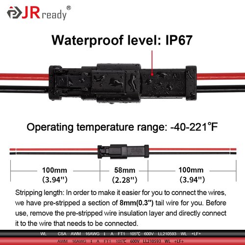 JRready ST9020 6 Sets 2 Pin Deutsch Connector Kit 2 Pin DT Pigtail, Car Waterproof Wire Connectors with 24pcs Butt Connector, 14AWG (UL 1015) Thicker Wire Harness Connector